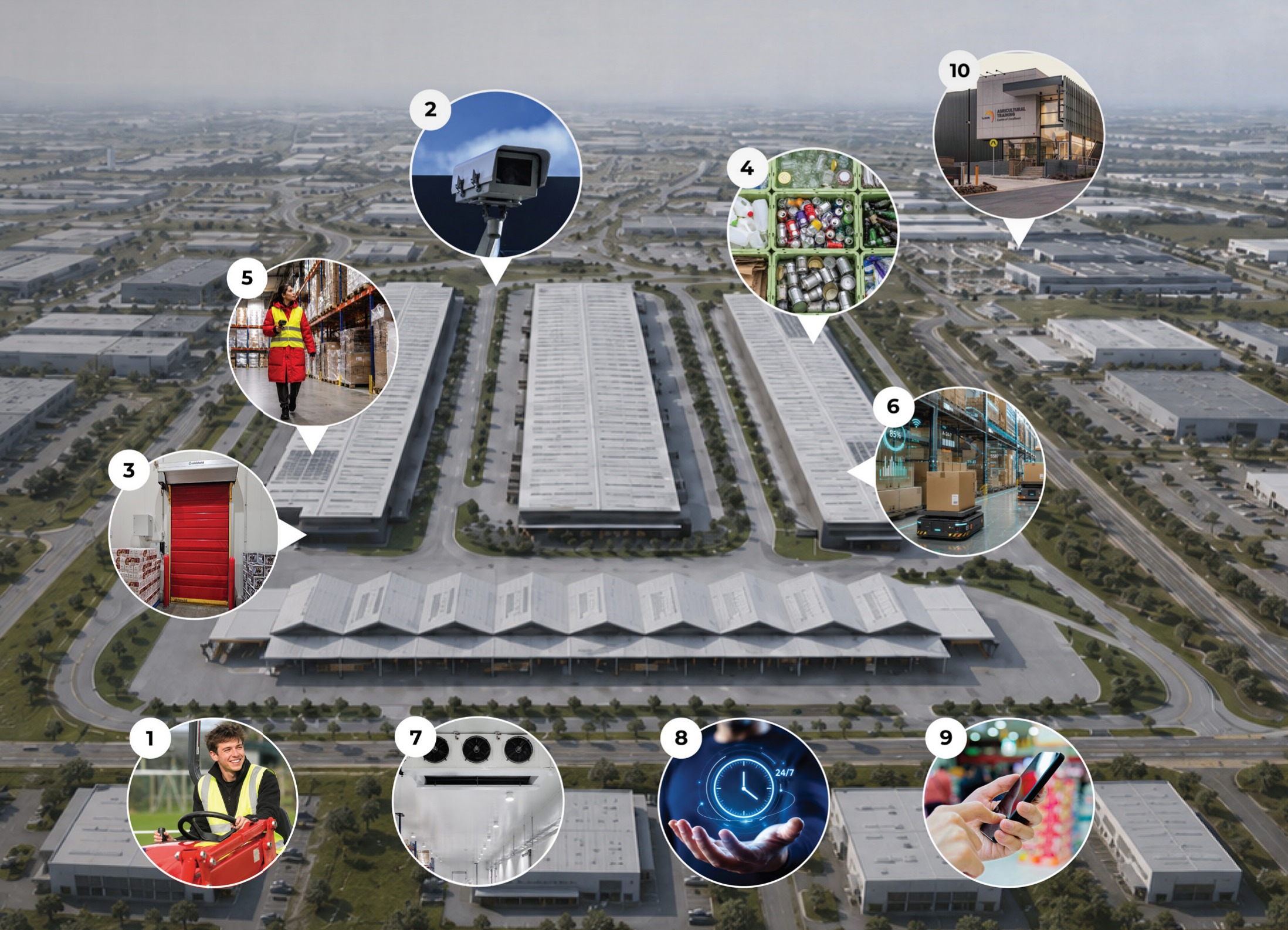 Artist's impression of a modern, purpose-built Sydney Markets, with ten numbered details called out across the site
